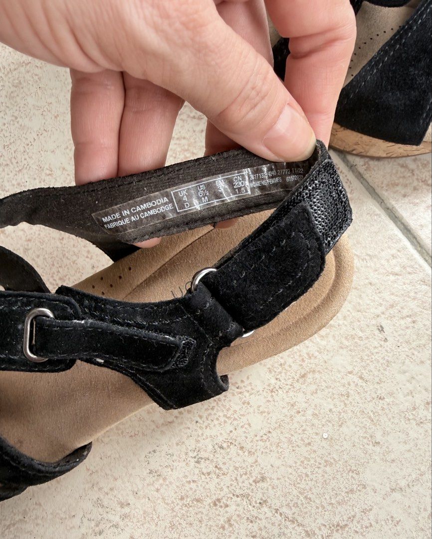 Clarks Collection Black Suede Wedge Sandals (Category: Wedges) located in Pasig City. Submitted by lonelydove (Listing ID 1459942236, Image 3). Description: - Brand: Clarks Collection - Material: Black Suede - Style: Wedge Sandals - Closure: Adjustable velcro straps - Heel: Cork wedge - Comfort: Comfortable for everyday wear - Size: 6.5 (US Women's), EU 37.