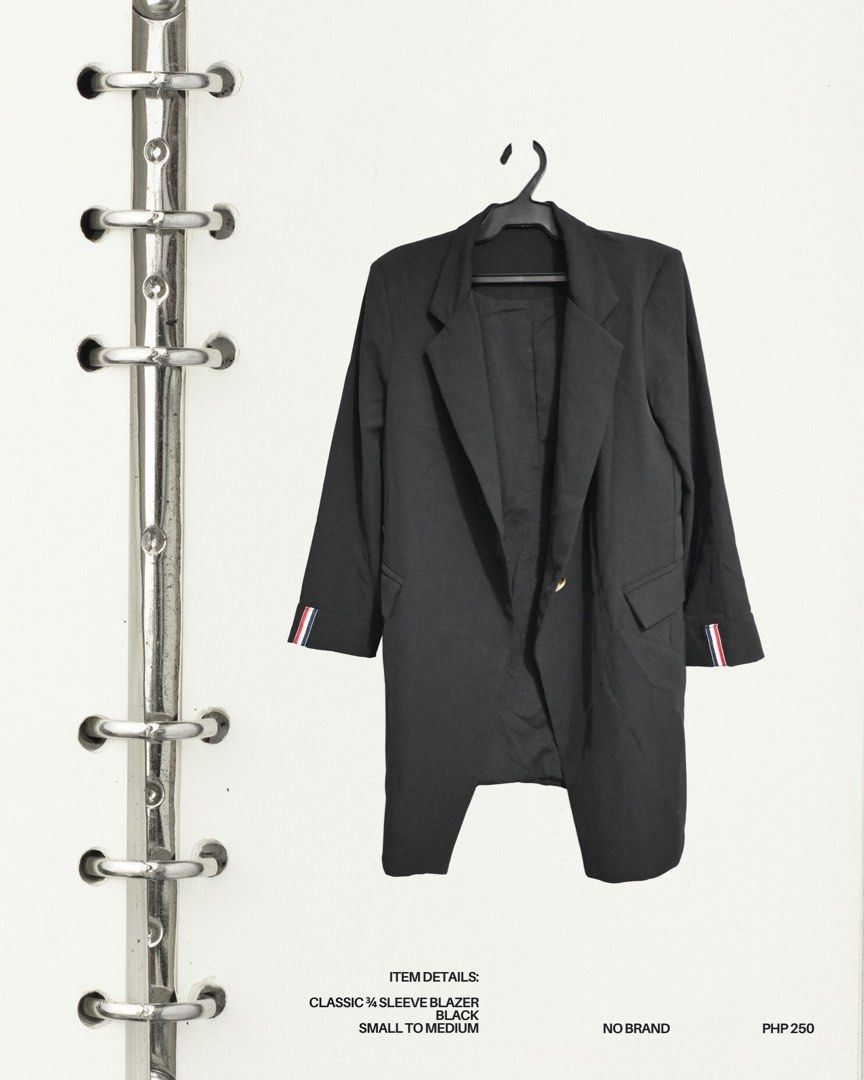 Classic Black Blazer with 3/4 Sleeves (Category: Coats, Jackets and Outerwear) located in Manila. Submitted by pulledfrom.ph (Listing ID 1459964624, Image 1). Description: Product Code: PF006 item details: classic ¾ sleeve blazer black small to medium.