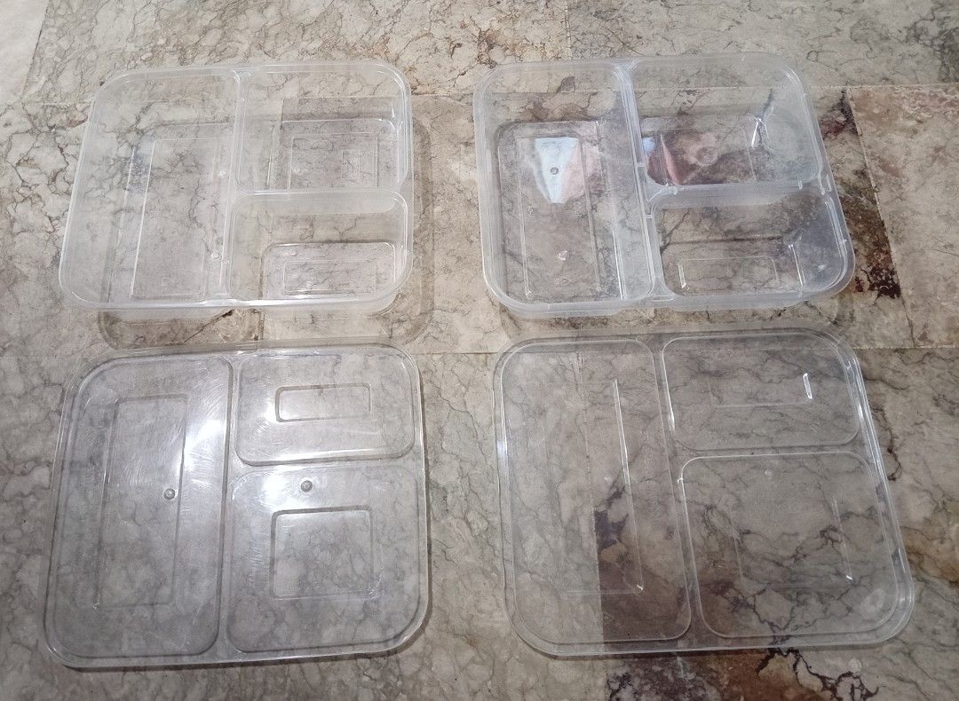 Clear Plastic Food Containers with 3 Compartments (Category: Food Organization & Storage) located in Quezon City. Submitted by chacha30.s (Listing ID 1459975582, Image 2). Description: - Set of 13 clear plastic food containers - Each container features 3 convenient compartments - Ideal for meal prepping and storing leftovers - Stackable design for efficient storage - Lids are included for a secure seal - Approximate dimensions: 23cm x 17cm x 4cm 