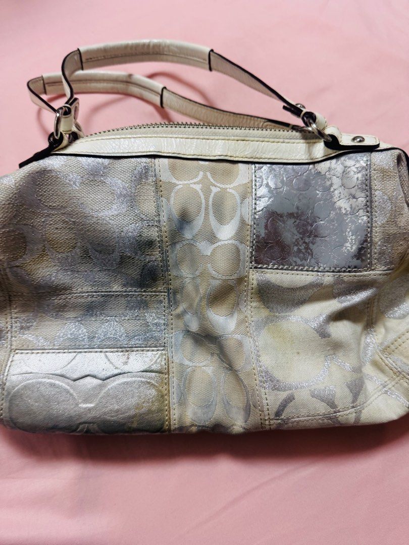 Coach Signature Patchwork Y2K Shoulder Bag (Category: Shoulder Bags) located in Pasay City. Submitted by minrkluvs (Listing ID 1460079552, Image 3). Description: Coach Signature Patchwork Y2K Shoulder Bag - Signature pattern with metallic gold and silver patchwork - Cream leather handles and trim - Multiple interior pockets - Ideal for everyday use - Bought it for a higher price with the same flaws mop: gcash/maya/maribank mod: ssd via Ilm or gra