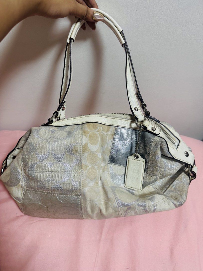 Coach Signature Patchwork Y2K Shoulder Bag (Category: Shoulder Bags) located in Pasay City. Submitted by minrkluvs (Listing ID 1460079552, Image 1). Description: Coach Signature Patchwork Y2K Shoulder Bag - Signature pattern with metallic gold and silver patchwork - Cream leather handles and trim - Multiple interior pockets - Ideal for everyday use - Bought it for a higher price with the same flaws mop: gcash/maya/maribank mod: ssd via Ilm or gra