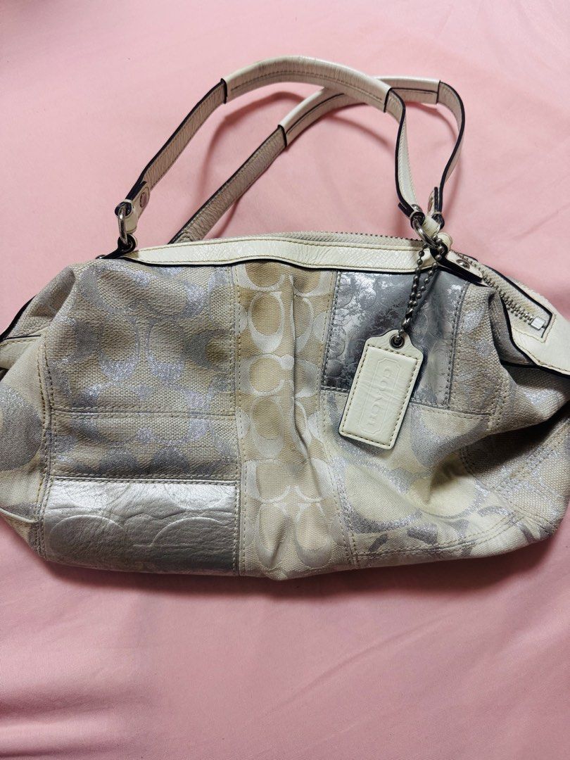 Coach Signature Patchwork Y2K Shoulder Bag (Category: Shoulder Bags) located in Pasay City. Submitted by minrkluvs (Listing ID 1460079552, Image 2). Description: Coach Signature Patchwork Y2K Shoulder Bag - Signature pattern with metallic gold and silver patchwork - Cream leather handles and trim - Multiple interior pockets - Ideal for everyday use - Bought it for a higher price with the same flaws mop: gcash/maya/maribank mod: ssd via Ilm or gra