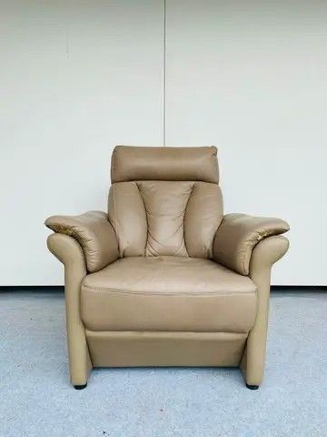 Comfortable Tan Leather Armchair (Category: Sofas) located in Manila. Submitted by sarahjane_016 (Listing ID 1460084010, Image 1). Description: "JAPAN SURPLUS" SINGLE SOFA / ACCENT CHAIR SIZE: 33L" x 33W" x 17Sh" x 34H" inches (AS-IS ITEM) IN GOOD CONDITION.