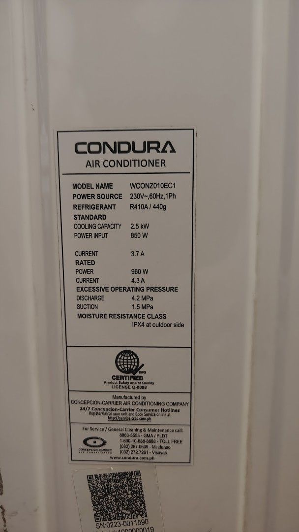 Condura Window Type Aircon WDOZN210EC1 2.5HP (Category: Air Conditioning and Heating) located in Cabuyao City. Submitted by absolution7 (Listing ID 1460010097, Image 2). Description: - Condura Window Type Aircon - Model: WDOZN210EC1 - Cooling Capacity: 2.5kW - Power Input: 850W - Current: 3.7A - Condition: Works well, minor scratches on side casing - Reason for Selling: Upgrading to split type.