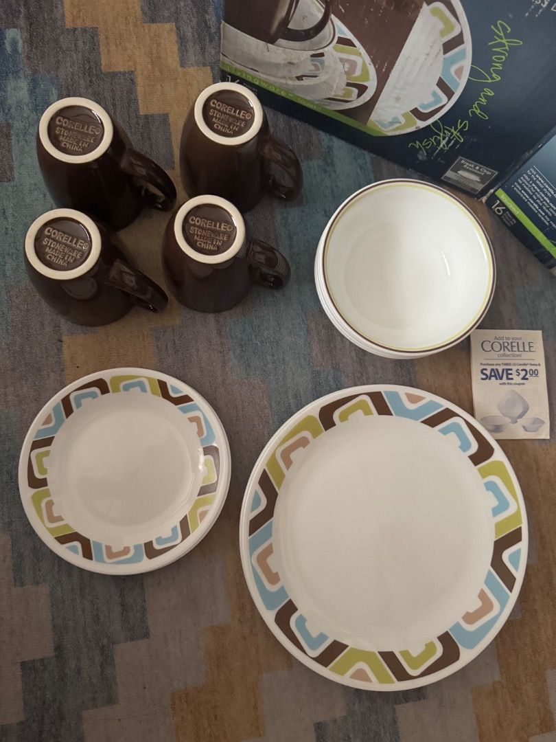 Corelle Livingware Squared 16-Piece Dinnerware Set (Category: Dinnerware & Cutlery) located in Quezon City. Submitted by docagillemontemayor (Listing ID 1460096001, Image 3). Description: Complete 16pcs dinnerware - used once, then stored well. - Corelle Livingware Squared Dinnerware Set - Includes: 4 Mugs, 4 Bowls, 4 Small Plates, 4 Large Plates - Material: Durable Vitrelle Glass (Made in USA) - Features: Break and Chip Resistant - Mugs: Stonewa