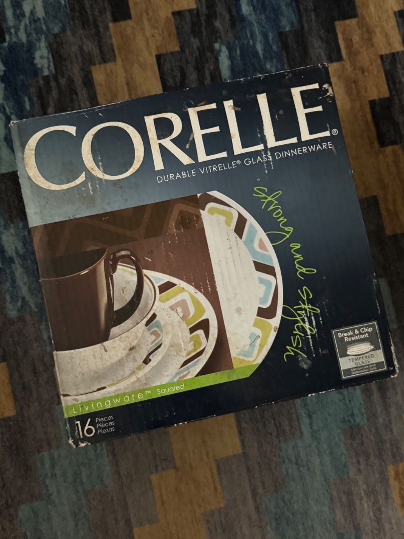Corelle Livingware Squared 16-Piece Dinnerware Set (Category: Dinnerware & Cutlery) located in Quezon City. Submitted by docagillemontemayor (Listing ID 1460096001, Image 2). Description: Complete 16pcs dinnerware - used once, then stored well. - Corelle Livingware Squared Dinnerware Set - Includes: 4 Mugs, 4 Bowls, 4 Small Plates, 4 Large Plates - Material: Durable Vitrelle Glass (Made in USA) - Features: Break and Chip Resistant - Mugs: Stonewa