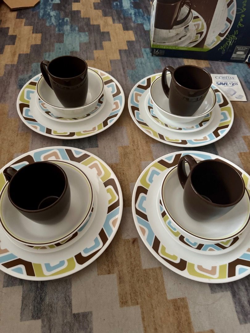 Corelle Livingware Squared 16-Piece Dinnerware Set (Category: Dinnerware & Cutlery) located in Quezon City. Submitted by docagillemontemayor (Listing ID 1460096001, Image 1). Description: Complete 16pcs dinnerware - used once, then stored well. - Corelle Livingware Squared Dinnerware Set - Includes: 4 Mugs, 4 Bowls, 4 Small Plates, 4 Large Plates - Material: Durable Vitrelle Glass (Made in USA) - Features: Break and Chip Resistant - Mugs: Stonewa