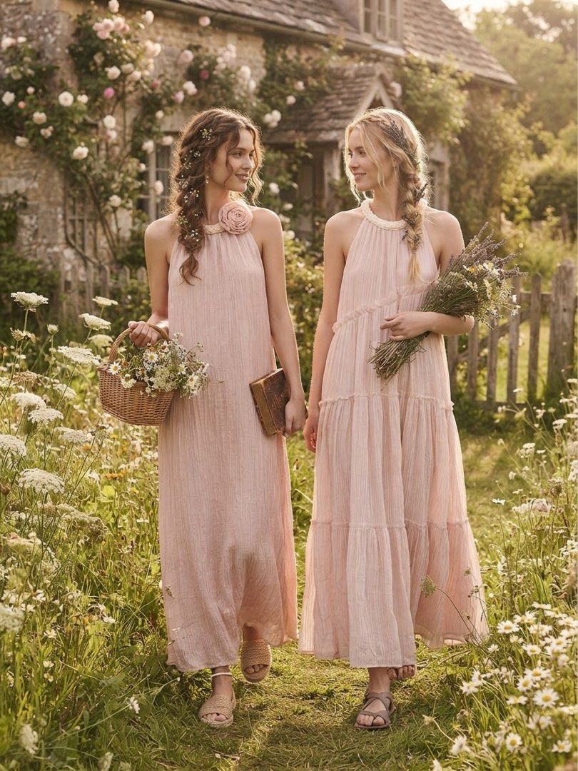 Cottagecore Maxi dress bundle soft dusty pink (Category: Dresses) located in Cavite. Submitted by wishie_collects (Listing ID 1459903677, Image 1). Description: The color of the dress is a soft, dusty pink. It has a textured fabric that gives it a slightly lighter, almost beige-pink appearance in some lights. Size Small.