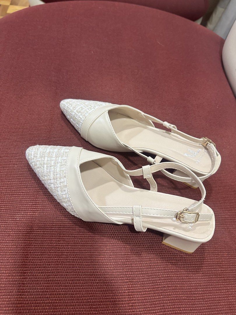 Cream Tweed Pointed Toe Slingback Heels (Category: Heels) located in Taguig. Submitted by maryyy.oaf (Listing ID 1460039853, Image 3). Description: - Size 6, never used, with box - Cream slingback heels - Pointed toe - Adjustable buckle strap - Low block heel for comfort - Ideal for work or casual outings - Reason for selling: incorrect size.