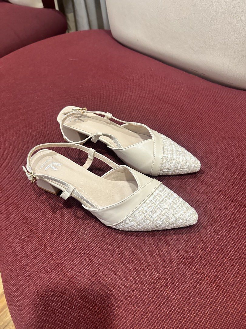 Cream Tweed Pointed Toe Slingback Heels (Category: Heels) located in Taguig. Submitted by maryyy.oaf (Listing ID 1460039853, Image 1). Description: - Size 6, never used, with box - Cream slingback heels - Pointed toe - Adjustable buckle strap - Low block heel for comfort - Ideal for work or casual outings - Reason for selling: incorrect size.