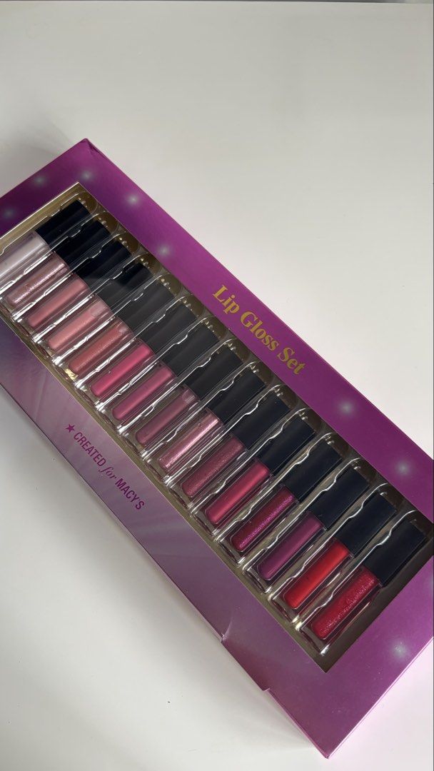 Created for Macy's 15-Pc. Lip Gloss Set. (Category: Makeup) located in Manila. Submitted by eabellebus23774 (Listing ID 1459902512, Image 1). Description: - 15 shades - ₱80 each (if bought individually ) - ₱800 whole set.