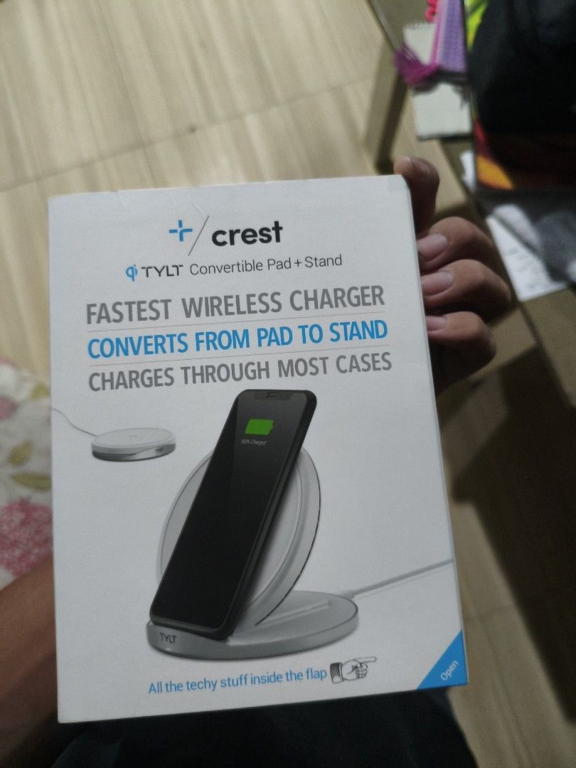 Crest TYLT Convertible Pad + Stand Wireless Charger (Category: Chargers & Cables) located in Manila. Submitted by mczxc.969 (Listing ID 1460049535, Image 1). Description: Kakabukas palang kanina (sept. 6, 2026) Fast wireless charging up to 10W negotiable just pm RFS: wala wireless charging mga phone namin HAHHAA.