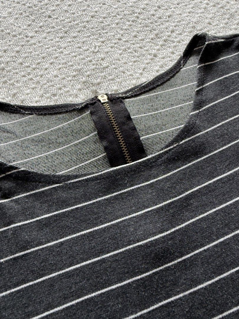 Dark Grey Striped T-shirt with Back Zipper (Category: Tshirts & Polo Shirts ) located in Taguig. Submitted by vrncng (Listing ID 1460061880, Image 2). Description: - Dark grey short-sleeved t-shirt - Thin white stripes - Zipper closure at back neckline - Soft and stretchy fabric - Ideal for casual wear.