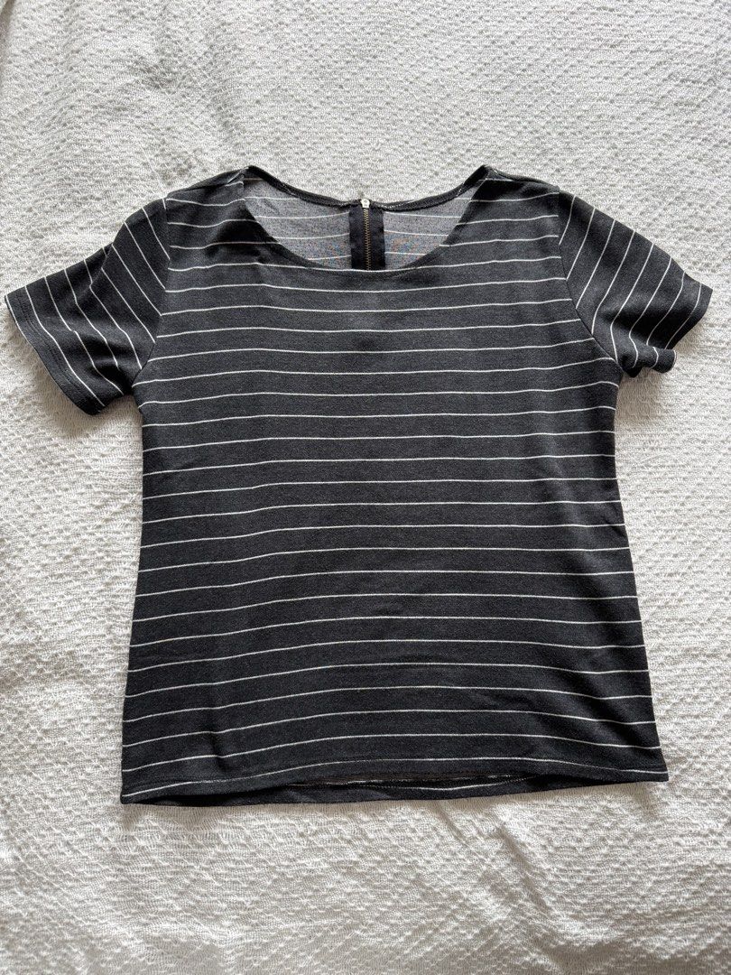 Dark Grey Striped T-shirt with Back Zipper (Category: Tshirts & Polo Shirts ) located in Taguig. Submitted by vrncng (Listing ID 1460061880, Image 1). Description: - Dark grey short-sleeved t-shirt - Thin white stripes - Zipper closure at back neckline - Soft and stretchy fabric - Ideal for casual wear.