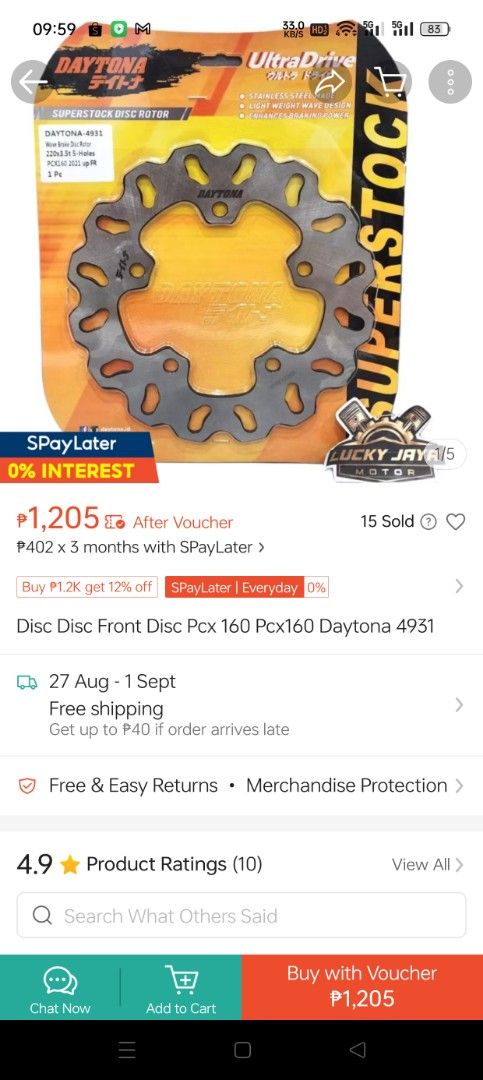 Daytona Front Disc Brake for Pcx160 (Category: Motorbikes for Sale) located in Cabuyao City. Submitted by absolution7 (Listing ID 1460011125, Image 3). Description: Daytona front disc brake rotor. Fits Honda PCX 160. Good condition, Sobrang kapal pa Direct replacement part. Upgrade your braking performance. Nag upgrade to big disc Calamba Cabuyao meet ups.