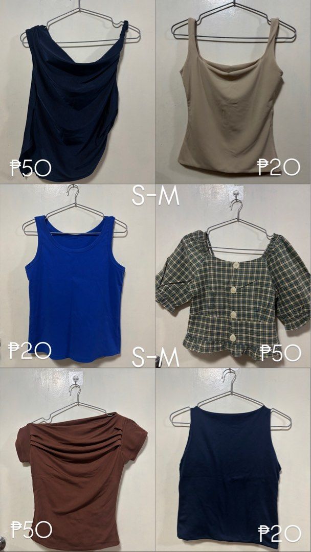 DECLUTTERING CLOTHES (Category: Others Tops) located in Manila. Submitted by rhsbgl (Listing ID 1459921138, Image 3). Description: - Assorted tops and bottoms available: shirts, tanks, skirt, and pants. - Sizes range from S-M for tops and 27-28 for waist. - Individual prices are clearly marked in the photos. - Great additions to refresh your wardrobe..