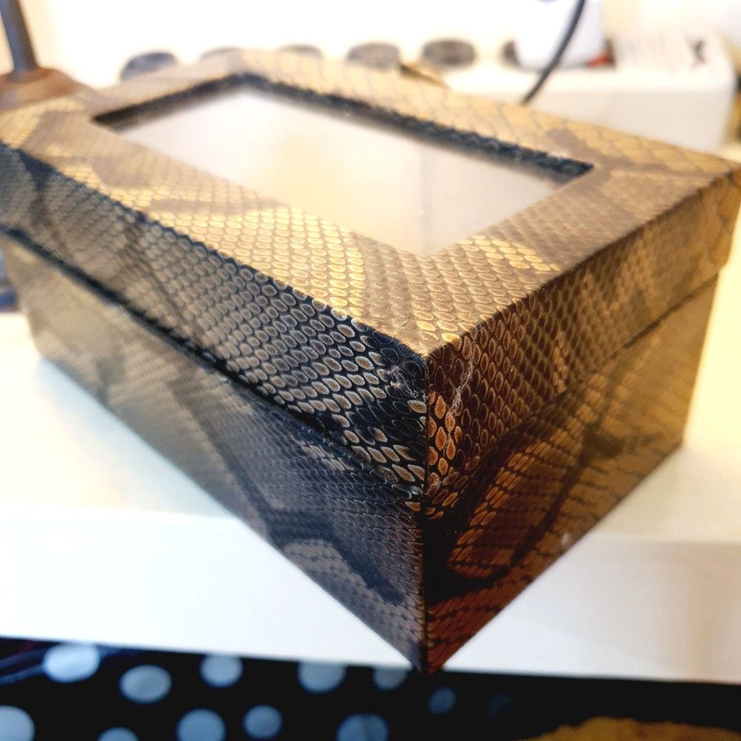 Decorative Jewelry Keepsake Watch Storage Box [Preloved] (Category: Accessory Holder, Box & Organizers) located in Paranaque City. Submitted by shopaholic_online_ (Listing ID 1459919128, Image 2). Description: #inParanaque 350/each❣️ 💕 excellent used condition • imported, purchased abroad • no stains/damage • black and patterned 3-slot watch storage box with individual removable pillows • faux snakeskin (textured synthetic material or leather-li