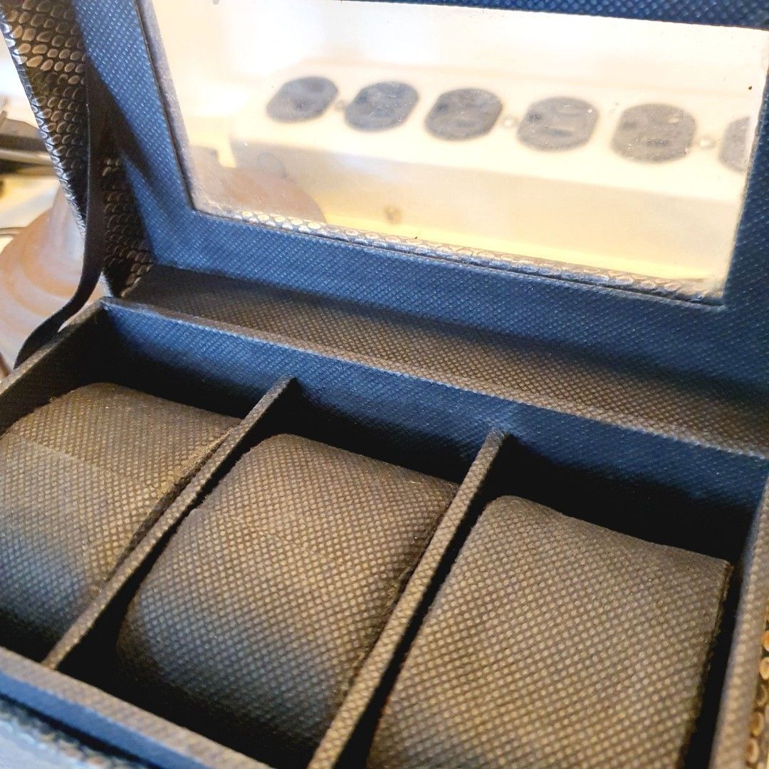 Decorative Jewelry Keepsake Watch Storage Box [Preloved] (Category: Accessory Holder, Box & Organizers) located in Paranaque City. Submitted by shopaholic_online_ (Listing ID 1459919128, Image 3). Description: #inParanaque 350/each❣️ 💕 excellent used condition • imported, purchased abroad • no stains/damage • black and patterned 3-slot watch storage box with individual removable pillows • faux snakeskin (textured synthetic material or leather-li