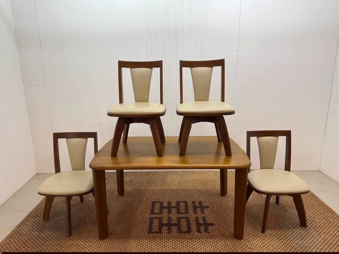 Dining Set (Category: Tables & Sets) located in Meycauayan. Submitted by marygracecasimiro (Listing ID 1459921966, Image 1). Description: NITORI Wooden Middle Brown Swivel Chair / Dining Set Price: 19,900 Table: L53 x W33 x H27 Chair: L21 x W17.5 x H31/16 In good condition♥️.