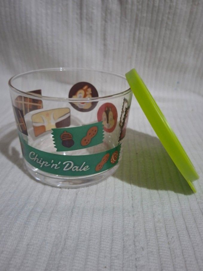 Disney Glass Food Container (Category: Food Organization & Storage) located in Consolacion. Submitted by luxekerei (Listing ID 1458228898, Image 2). Description: - a Disney Chip and Dale glass container with a green plastic lid..