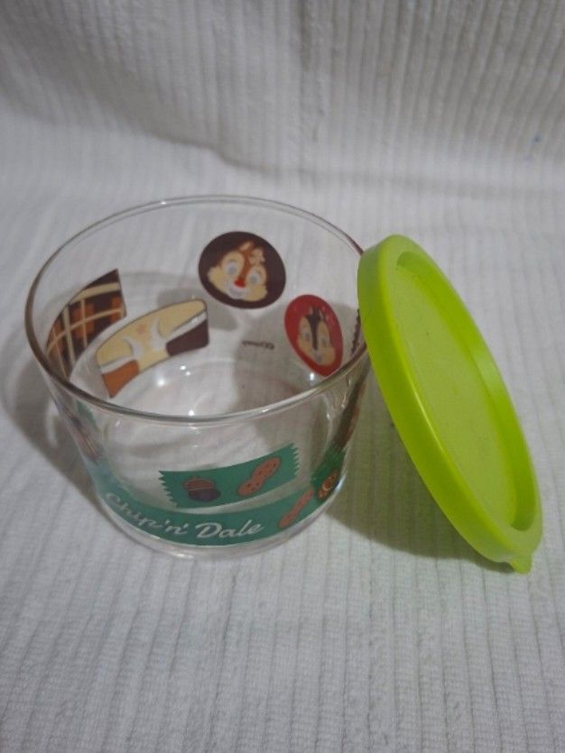 Disney Glass Food Container (Category: Food Organization & Storage) located in Consolacion. Submitted by luxekerei (Listing ID 1458228898, Image 3). Description: - a Disney Chip and Dale glass container with a green plastic lid..