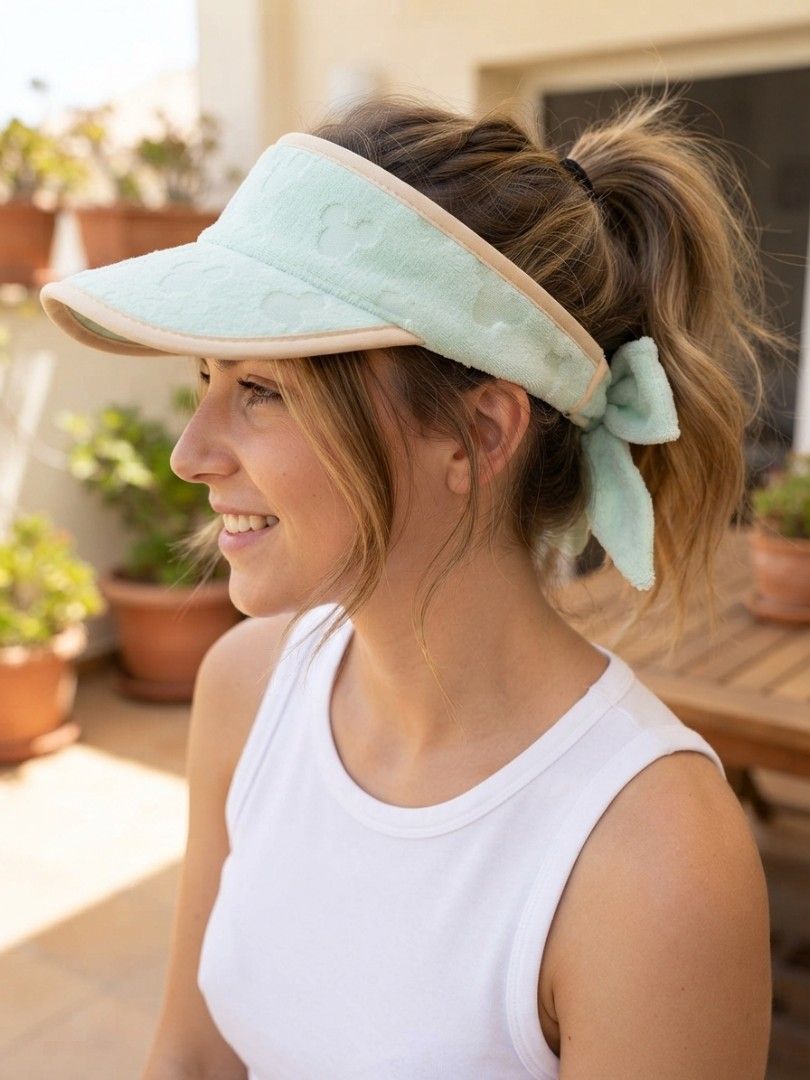 Disney Mickey Mouse Sunvisor (Category: Hats & Beanies) located in Binangonan. Submitted by yuristalin888 (Listing ID 1459940722, Image 1). Description: Add a touch of Disney magic to your sunny days with this charming mint green sun visor. * **Design & Details:** Features an all-over tonal Mickey Mouse silhouette pattern, complemented by contrasting beige trim along the brim and edge. * **Material & Comfort:** Crafted with a soft textured exteri