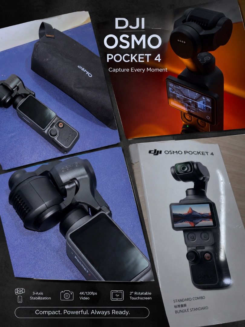 DJI Osmo Pocket 4 Gimbal Camera (Category: Cameras) located in Caloocan City. Submitted by aldrineva156678 (Listing ID 1459980844, Image 1). Description: Capture every moment with this compact and powerful gimbal camera. It offers 4K/120fps video and 3-axis stabilization for smooth footage. The 2" rotatable touchscreen makes it easy to frame your shots. Ready to go whenever inspiration strikes. Includes a protective pouch..