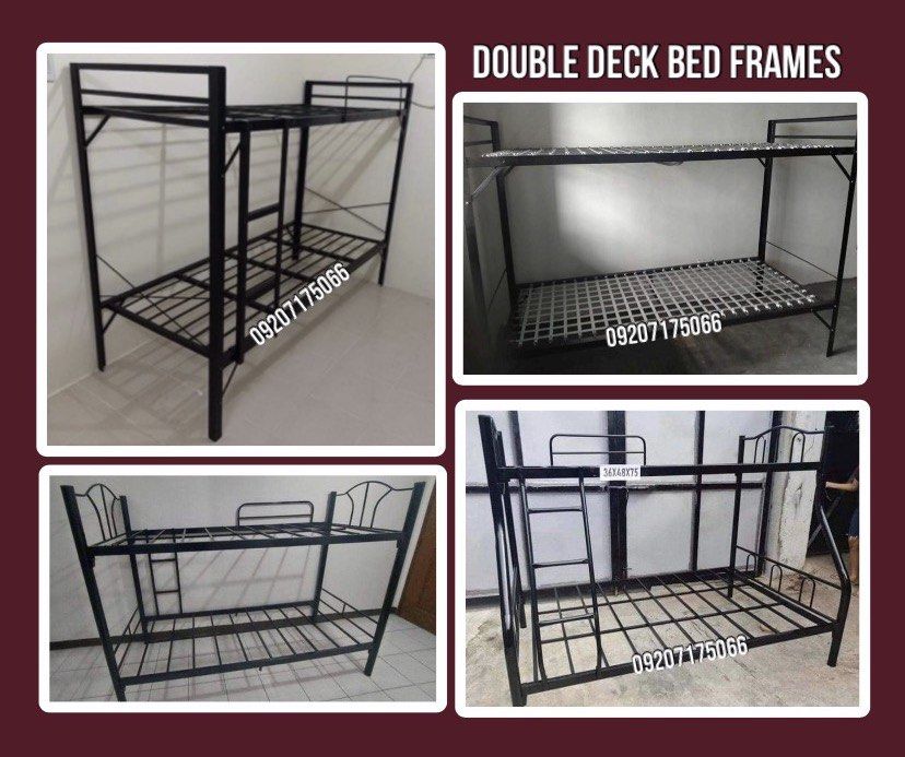 Double deck bed frame (Category: Bed Frames & Mattresses) located in Las Pinas. Submitted by felix.morco (Listing ID 1460046017, Image 1). Description: SUPPLIER AND MANUFACTURER •HEAVY DUTY AND BRAND NEW ITEMS HOME FURNITURES SINGLE DECK (MILITARY FLAT BAR) •30”x75” = P1,600 •36”x75” = P1,800 •42”x75” = P2,700 •48”x75” = P3,000 •54”x75” = P3,400 SINGLE DECK (TUBE TYPE) •30”x75” = P2,200 •36”x75” = P2,500 •48”x75” = P2,800 •54”x75” = P3,200 •60”x7