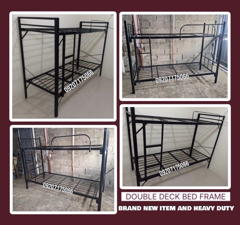 Double deck bed frame (Category: Bed Frames & Mattresses) located in Las Pinas. Submitted by felix.morco (Listing ID 1460046741, Image 1). Description: SUPPLIER AND MANUFACTURER •HEAVY DUTY AND BRAND NEW ITEMS HOME FURNITURES SINGLE DECK (MILITARY FLAT BAR) •30”x75” = P1,600 •36”x75” = P1,800 •42”x75” = P2,700 •48”x75” = P3,000 •54”x75” = P3,400 SINGLE DECK (TUBE TYPE) •30”x75” = P2,200 •36”x75” = P2,500 •48”x75” = P2,800 •54”x75” = P3,200 •60”x7