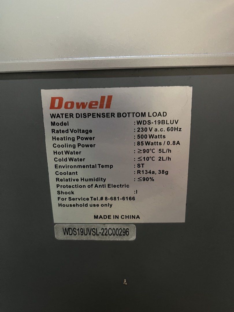 Dowell Water Dispenser Bottom Load with UV Sterilizer WDS-19BLUV (Category: Water Purifiers & Dispensers) located in Pasay City. Submitted by 2ndloveforever2023 (Listing ID 1460088511, Image 3). Description: 📍 Cavite - Dowell Bottom Load Water Dispenser (Model: WDS-19BLUV) - Hot, Normal, and Cold water settings - Built-in UV Sterilizer for purified water - Bottom load design for easy bottle replacement - Rated Voltage: 230V a.c. 60Hz - Heating P