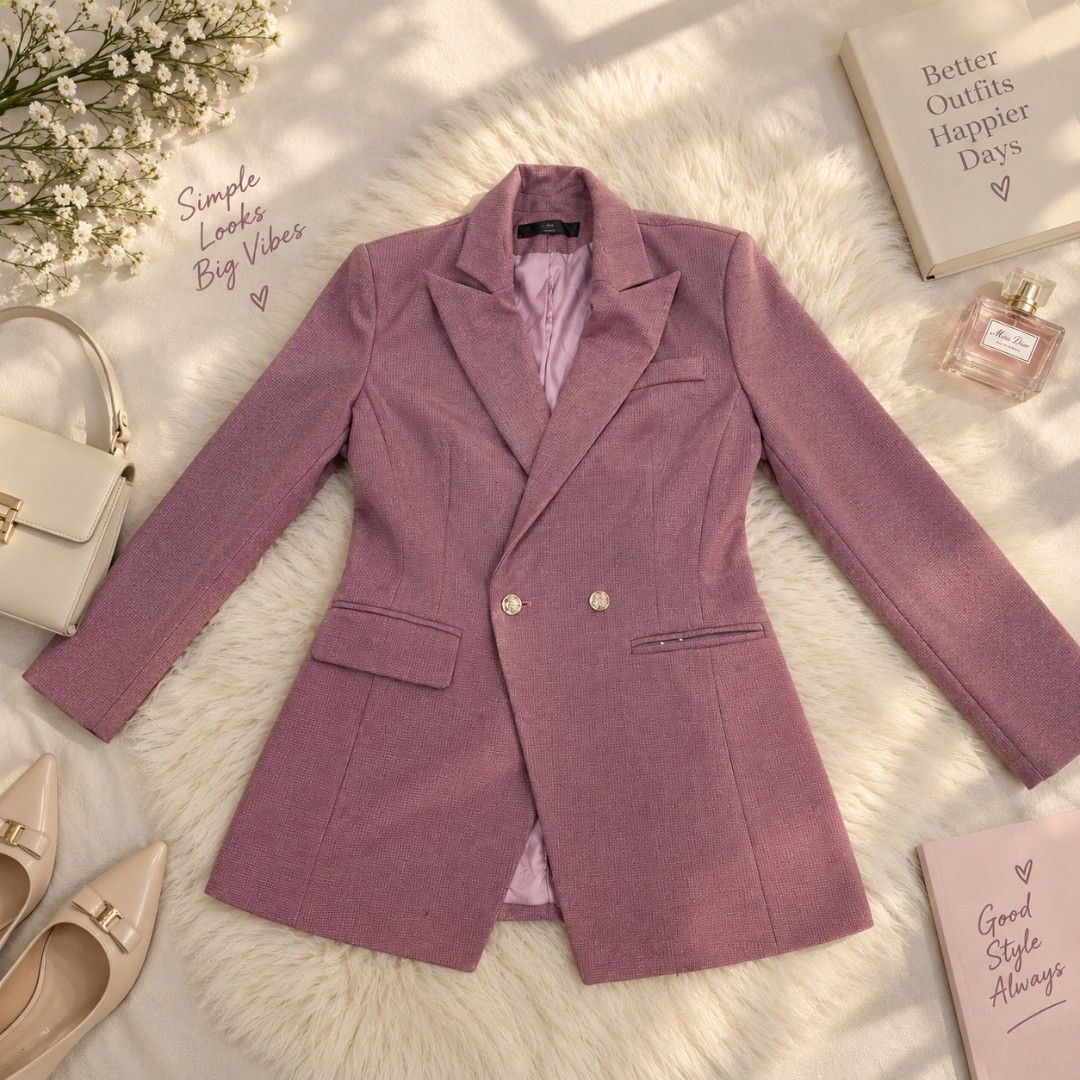 Dusty Rose Double-Breasted Blazer with Gold Buttons (Category: Coats, Jackets and Outerwear) located in Kawit. Submitted by beauteousfinds (Listing ID 1460065312, Image 1). Description: - Chic dusty rose blazer - Double-breasted design - Elegant gold buttons - Soft lilac satin lining - Front pockets - Perfect for dressing up or down - Adds a polished touch to any outfit.