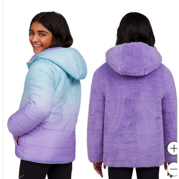 Eddie Bauer Reversible Puffer Fleece Hooded Jacket (Category: Babies & Kids Fashion) located in San Pedro. Submitted by ziamiel (Listing ID 1460047322, Image 2). Description: - Reversible Eddie Bauer kids jacket - Size: L (14/16) - Side 1: Light blue to purple ombre puffer - Side 2: Cozy purple fleece - Hooded with full zip - Ideal for keeping warm price:850 can fit 10-12 yrs old depends on childs built slight issue:peeled print but overall in ex