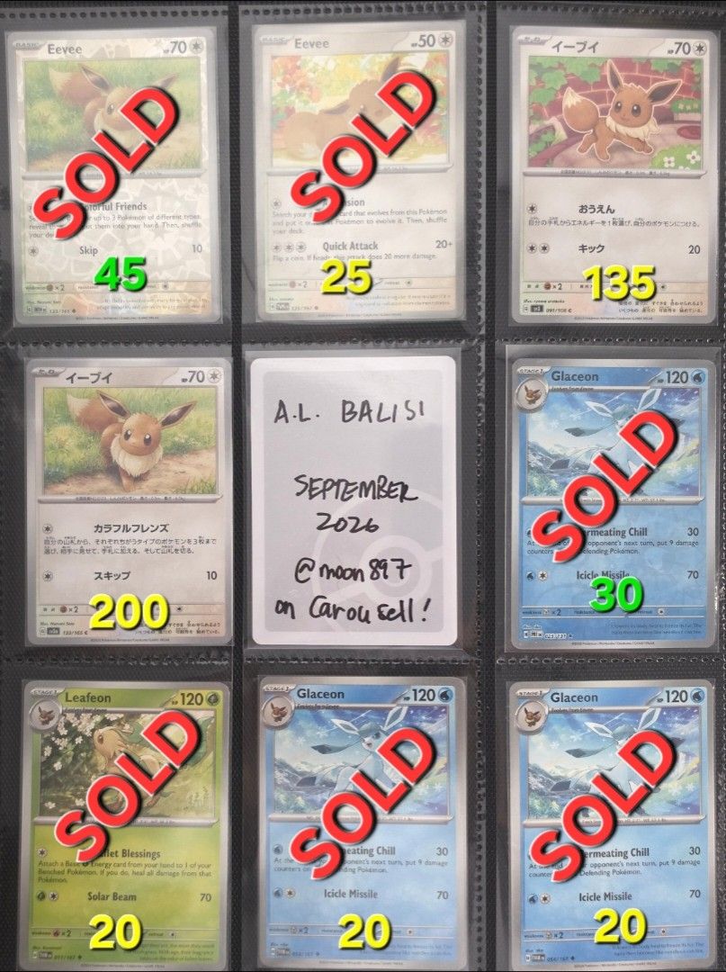 Eevee Eevolution Pokemon Cards (Category: Raw Singles) located in Quezon City. Submitted by moon897 (Listing ID 1458901905, Image 1). Description: Eevolution Pokemon cards 🟡 Normal 🔵 Holofoil 🟢 Reverse Holofoil *Prices are clearly marked on each image. - Feel free to send a message for more information or request back photo of cards ❗️ Interested in bundling multiple cards? Just let me know!🙂.