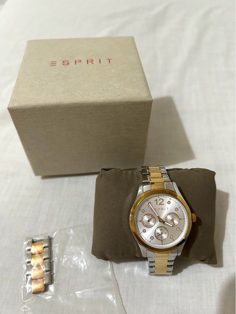Esprit Two-Tone Stainless Steel Watch with Box (Category: Women's Watches) located in Cavite. Submitted by mommyannscloset (Listing ID 1459991205, Image 1). Description: - Esprit watch - Silver and gold tone bracelet - White dial with rose gold accents - Date and day sub-dials - Includes original box - Extra links included - Ideal for everyday wear.