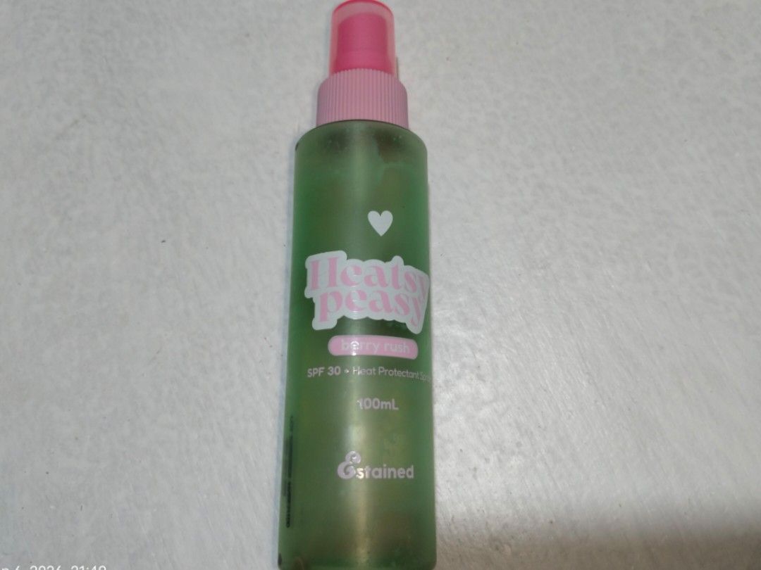 Estained Heatsy Peasy (Berry Rush) (Category: Hair) located in Manila. Submitted by alyssaaa24 (Listing ID 1460066099, Image 1). Description: Rfs: Couldn't use as I'm currently just staying at home A great heat protectant for use before styling and going out. Still half the bottle. Last price posted. Loc: North Caloocan.
