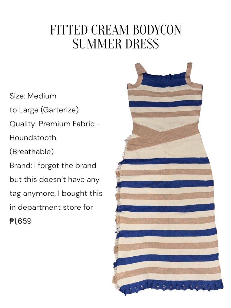 FITTED CREAM BODYCON SUMMER DRESS (Category: Dresses) located in Rizal. Submitted by makiagemz (Listing ID 1460056470, Image 2). Description: RFS: Decluttering 2nd Slide of Infos - No issues MOP: Gcash | Gotyme | Cash is only applicable for meet ups.