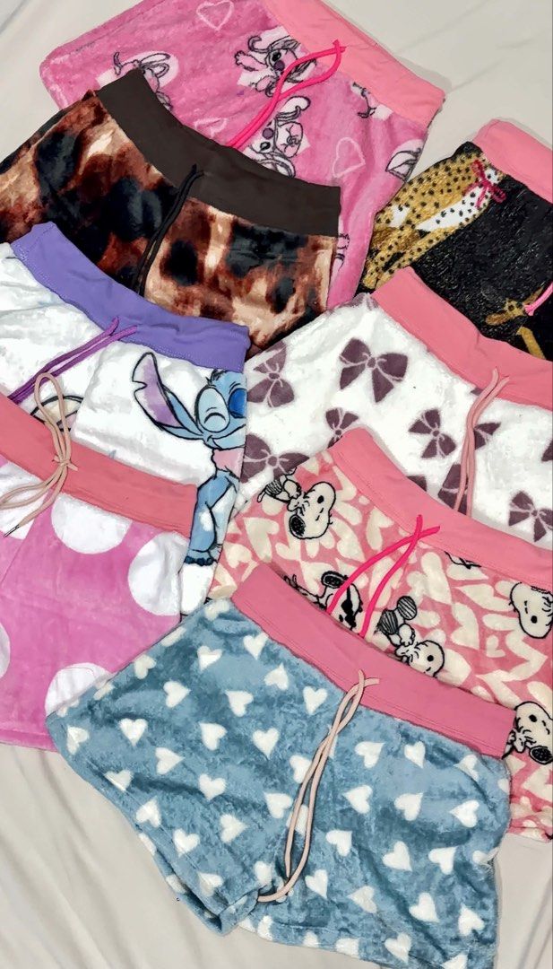 Fluffy Pajama Shorts (Category: Undergarments & Loungewear) located in Caloocan City. Submitted by Mariane_ (Listing ID 1460023336, Image 2). Description: - Brand new Super comfy and fluffy pajama shorts - Available in lots of cute prints: Stitch, Snoopy, Minnie Mouse, and more! - Features fun patterns like polka dots, hearts, and animal prints - Elastic waistband with drawstring for an adjustable, perfect fit - Made from soft material, ideal for