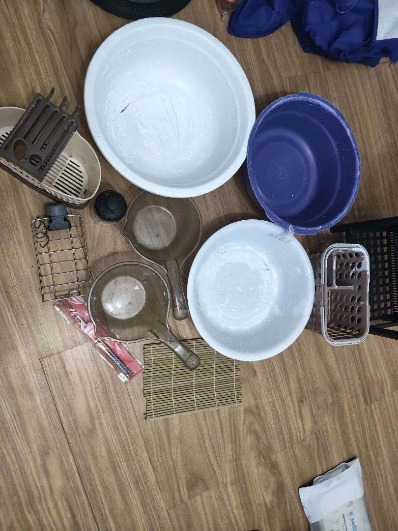 For sale Basins, Scoops, and Baskets (Category: Storage Boxes & Baskets) located in Mandaluyong City. Submitted by derekalava (Listing ID 1460090929, Image 2). Description: For sale Basins, Scoops, and Baskets 4-Tier Shelf, Basins, Scoops, and Baskets Bundle includes: 4-tier black plastic shelf, 2 large basins (1 white, 1 blue), 2 plastic scoops, small bamboo mat, utensil holder, and small woven basket. - Perfect for home organization or kitchen 