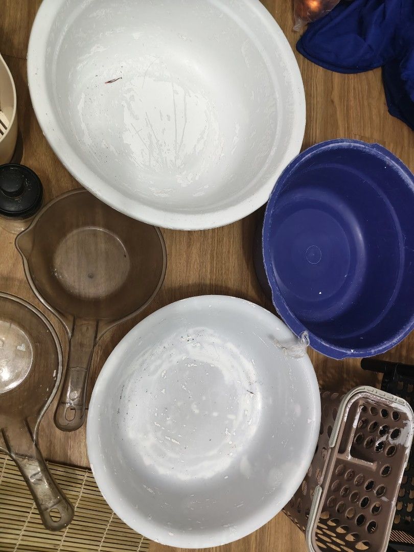 For sale Basins, Scoops, and Baskets (Category: Storage Boxes & Baskets) located in Mandaluyong City. Submitted by derekalava (Listing ID 1460090929, Image 3). Description: For sale Basins, Scoops, and Baskets 4-Tier Shelf, Basins, Scoops, and Baskets Bundle includes: 4-tier black plastic shelf, 2 large basins (1 white, 1 blue), 2 plastic scoops, small bamboo mat, utensil holder, and small woven basket. - Perfect for home organization or kitchen 