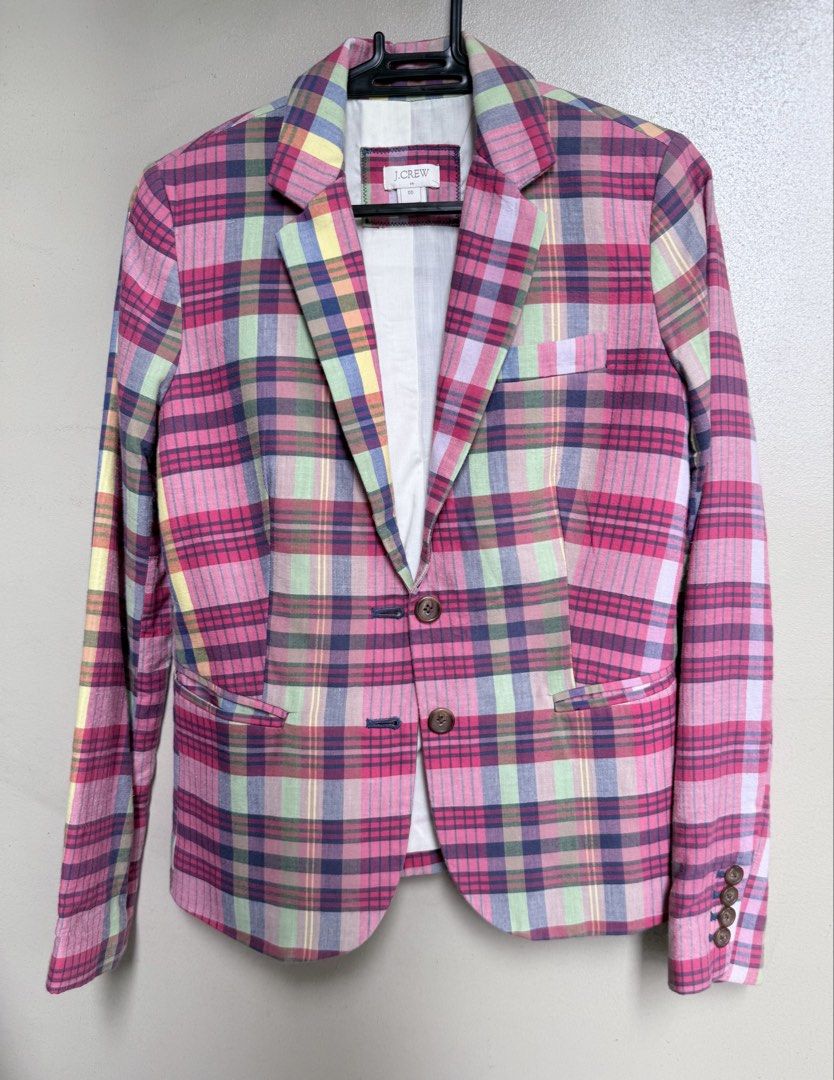 Matching set J. Crew Blazer and Shorts Size 00 (Category: Coats, Jackets and Outerwear) located in Pasig City. Submitted by lonelydove (Listing ID 1459985754, Image 2). Description: - Cute full set of J. Crew blazer and shorts - Pink plaid pattern - Single button closure - Two front pockets - Subtle stripe detail lining - Made in India - Very cute and professional look in full set.