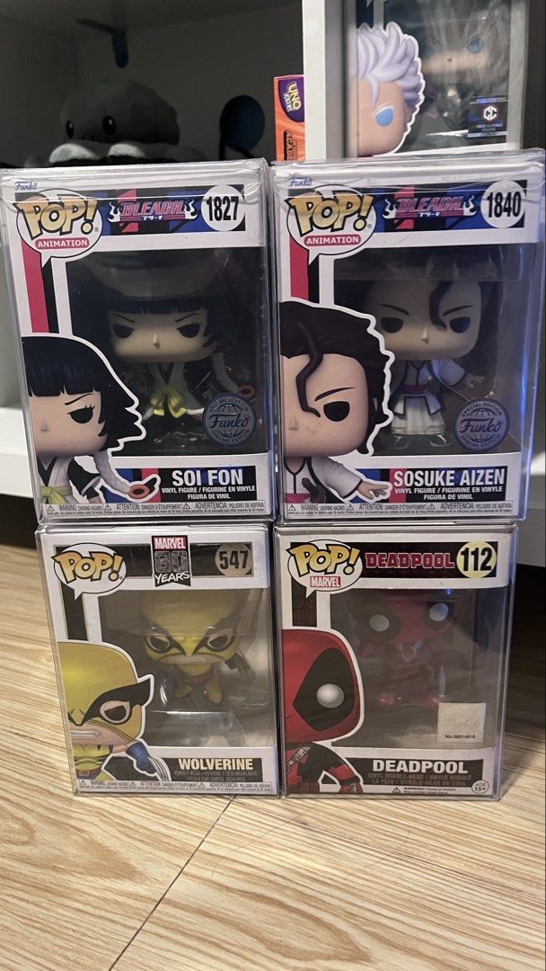 Funko Pops (Category: Designer & Blind Box Toys) located in Manila. Submitted by jantherr (Listing ID 1460074524, Image 1). Description: Take all - 1500 Aizen - 400 Soi Fon - 400 Deadpool - 400 Wolverine - 400.