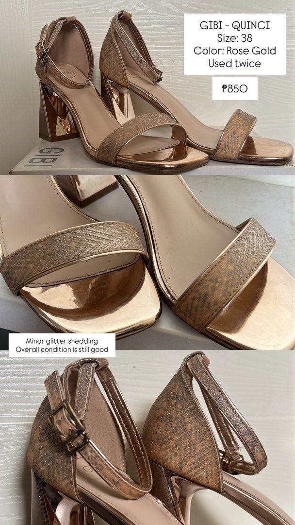 GIBI Preloved Heels (Category: Heels) located in Manila. Submitted by rvnvryny (Listing ID 1459931423, Image 1). Description: GIBI Preloved Heels Size: 38 Color: Rose Gold Used Twice Issues: Minor Glitter Shedding Loc: Manila MOD: Lalamove or LBC MOP: Gcash, Maribank, Maya, or Bank Transfer.