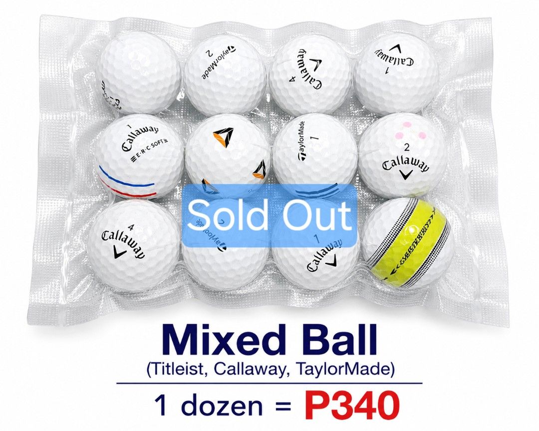 Golf balls for Sale (Category: Golf) located in Tarlac. Submitted by jack_go (Listing ID 1456050923, Image 1). Description: Used Golf balls for sale per dozen 1. Titleist ProV1, 1 dozen - P360 (sold) 2. Callaway, Taylormade, titleist mix, 1 dozen - P340 (sold) 3. Colored mix, 1 dozen -P320 4. White balls mixed mint condition 1 dozen-P300 5. White balls mixed practice, 1 dozen- P240 Vacuum packed for added moisture protection..