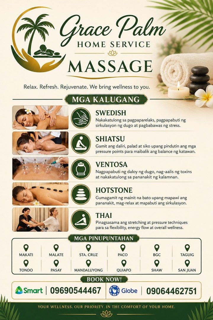 Grace Palm Home Service Massage (Category: Beauty & Health Services) located in Manila. Submitted by gracepalmhomeservicemassage (Listing ID 1415270279, Image 3). Description: Fb Page:Grace Palm Home Service Massage.