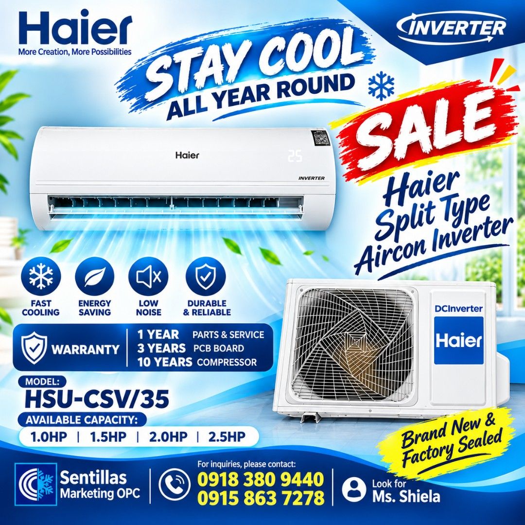 💥HAIER INVERTER SPLIT TYPE AIRCON (Category: Air Conditioning and Heating) located in Quezon City. Submitted by airconph. (Listing ID 1459987148, Image 1). Description: SALE‼️ SALE‼️ 💥Affordable Split Type Aircon Inverter with FREE INSTALLATION PACKAGE‼️ 🚩HAIER INVERTER Model: ▪️HSU-09CSV35 - 1.0hp ▪️HSU-12CSV/35 - 1.5hp ▪️HSU-18CSV/35 - 2.0hp ▪️HSU-24CSV/35 - 2.5hp. 💯Brand New Sealed Unit ✔️Lower Price Guaranteed with Complete Warranty and R