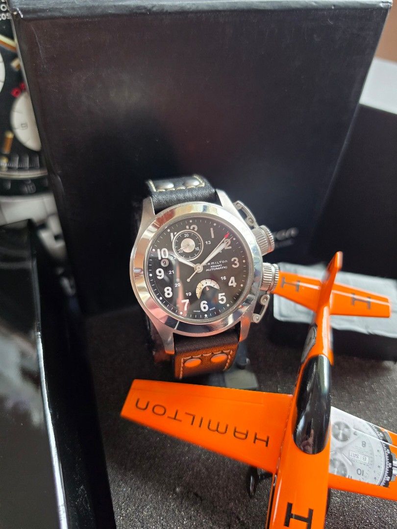 Hamilton Khaki Navy Frogman Automatic Titanium Chronograph Ref. H777160 (Category: Men's Watches) located in Quezon City. Submitted by imchanggy (Listing ID 1460031685, Image 3). Description: Hamilton Khaki Navy Frogman Automatic Titanium Chronograph Ref. H777160 ➡️Php 36,800 8.8/10 condition complete set *Comes with rep double box, original leather strap and buckle *Hamilton Watch promotional model airplane, specifically a replica of an aerobati