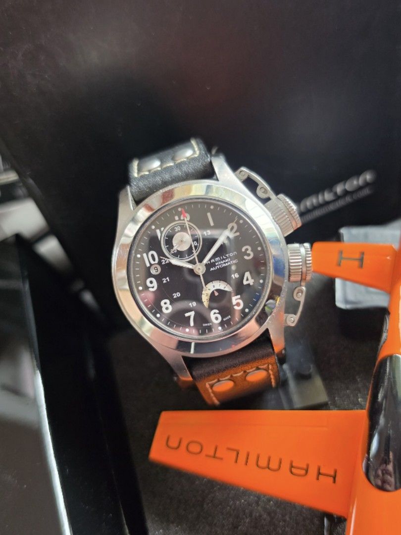 Hamilton Khaki Navy Frogman Automatic Titanium Chronograph Ref. H777160 (Category: Men's Watches) located in Quezon City. Submitted by imchanggy (Listing ID 1460031685, Image 1). Description: Hamilton Khaki Navy Frogman Automatic Titanium Chronograph Ref. H777160 ➡️Php 36,800 8.8/10 condition complete set *Comes with rep double box, original leather strap and buckle *Hamilton Watch promotional model airplane, specifically a replica of an aerobati