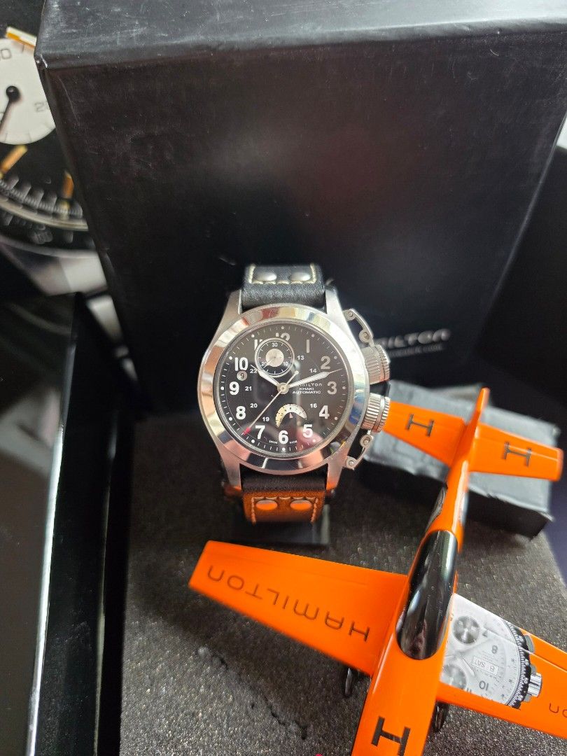 Hamilton Khaki Navy Frogman Automatic Titanium Chronograph Ref. H777160 (Category: Men's Watches) located in Quezon City. Submitted by imchanggy (Listing ID 1460031685, Image 2). Description: Hamilton Khaki Navy Frogman Automatic Titanium Chronograph Ref. H777160 ➡️Php 36,800 8.8/10 condition complete set *Comes with rep double box, original leather strap and buckle *Hamilton Watch promotional model airplane, specifically a replica of an aerobati