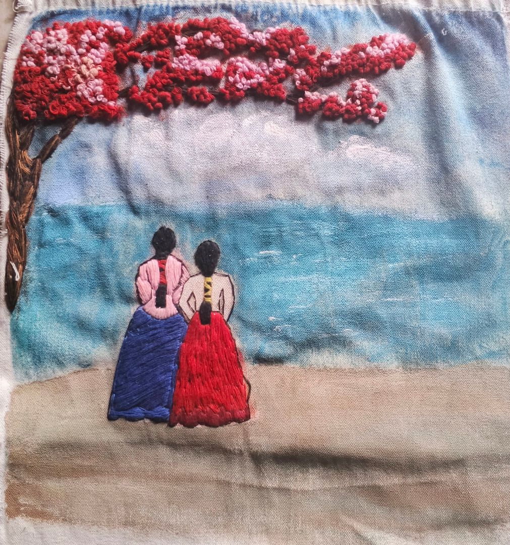 Hand-embroidered Buddha face on fabric patch (Category: Handmade Craft) located in Paranaque City. Submitted by rociarra2019-99005 (Listing ID 1459906211, Image 1). Description: PICKUP ONLY hand-embroidered fabric LEFT = Korean girls embroidered and acrylic size = 11in x 11in (28cm x 28cm) 100php RIGHT = Buddha face embroidered , some stain size = 11in x 9.5 (28cm x 24cm) 100php.