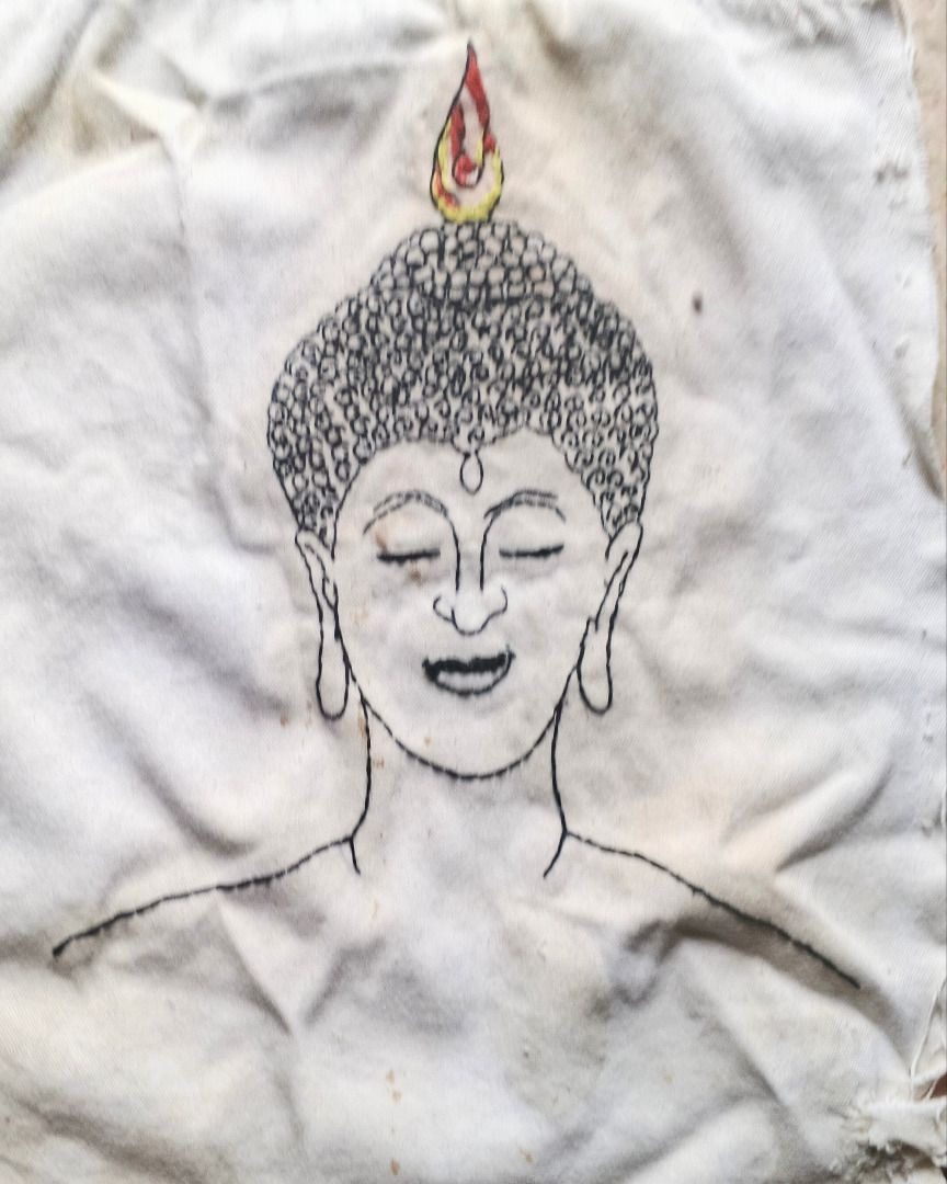 Hand-embroidered Buddha face on fabric patch (Category: Handmade Craft) located in Paranaque City. Submitted by rociarra2019-99005 (Listing ID 1459906211, Image 2). Description: PICKUP ONLY hand-embroidered fabric LEFT = Korean girls embroidered and acrylic size = 11in x 11in (28cm x 28cm) 100php RIGHT = Buddha face embroidered , some stain size = 11in x 9.5 (28cm x 24cm) 100php.
